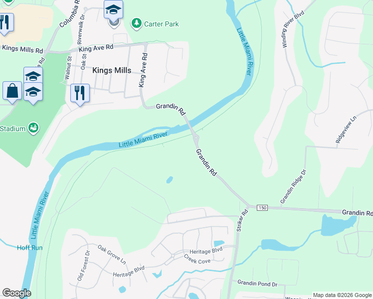 map of restaurants, bars, coffee shops, grocery stores, and more near 1437 County Road 150 in Kings Mills