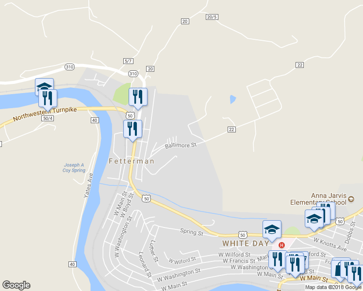 map of restaurants, bars, coffee shops, grocery stores, and more near Baltimore Street in Grafton