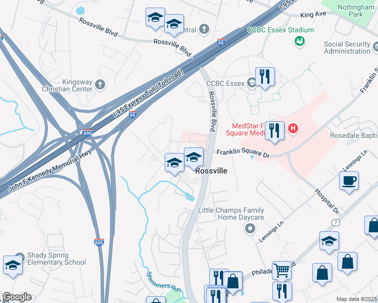 map of restaurants, bars, coffee shops, grocery stores, and more near 8811 Franklin Square Drive in Baltimore