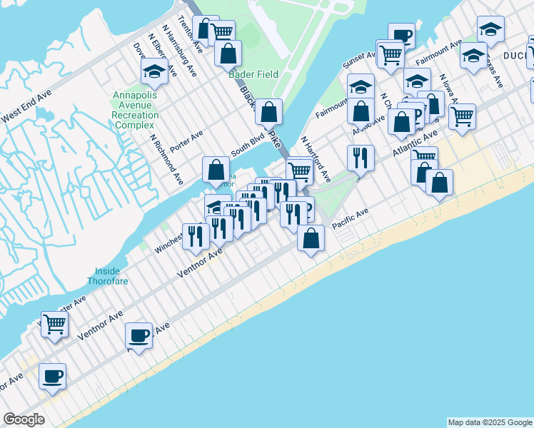 map of restaurants, bars, coffee shops, grocery stores, and more near 3817 Ventnor Avenue in Atlantic City