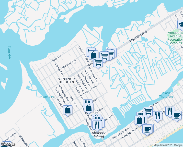 map of restaurants, bars, coffee shops, grocery stores, and more near 5044 Wellington Avenue in Ventnor City