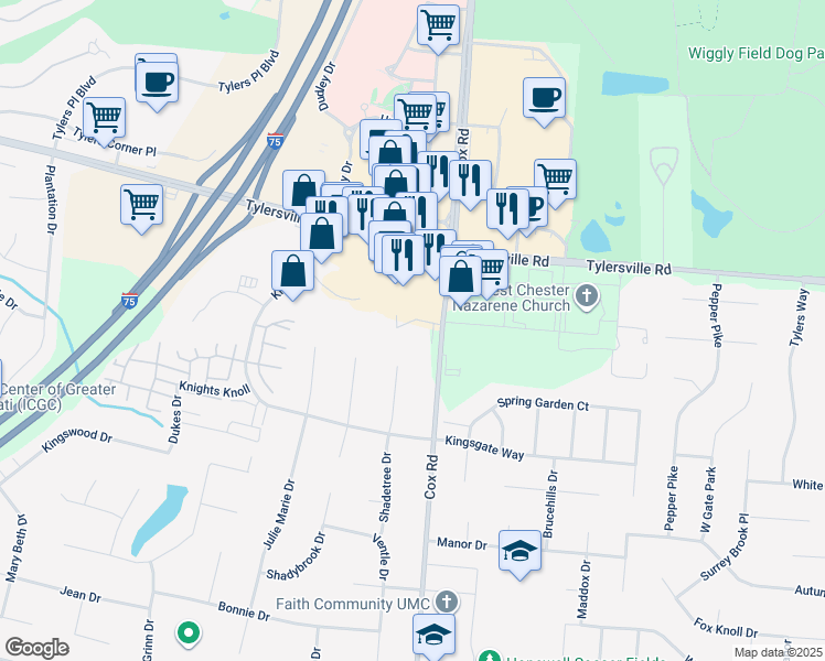 map of restaurants, bars, coffee shops, grocery stores, and more near 7779 Tylersville Road in Butler County