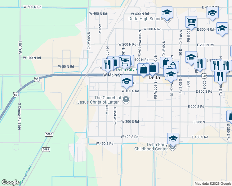 map of restaurants, bars, coffee shops, grocery stores, and more near 334 West 100 South in Delta