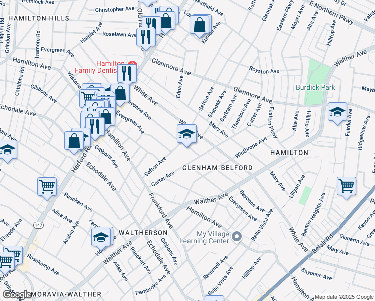 map of restaurants, bars, coffee shops, grocery stores, and more near 5609 Sefton Avenue in Baltimore
