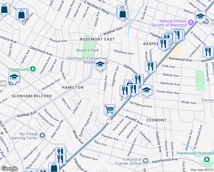 map of restaurants, bars, coffee shops, grocery stores, and more near 6129 Fairdel Avenue in Baltimore