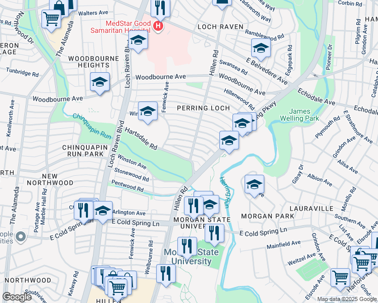 map of restaurants, bars, coffee shops, grocery stores, and more near 5102 Hillen Road in Baltimore