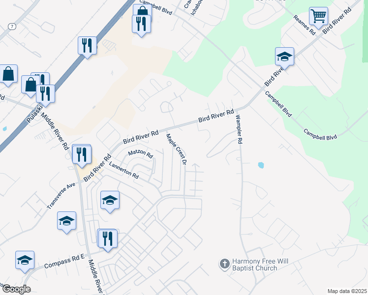 map of restaurants, bars, coffee shops, grocery stores, and more near 821 Maple Crest Drive in Middle River