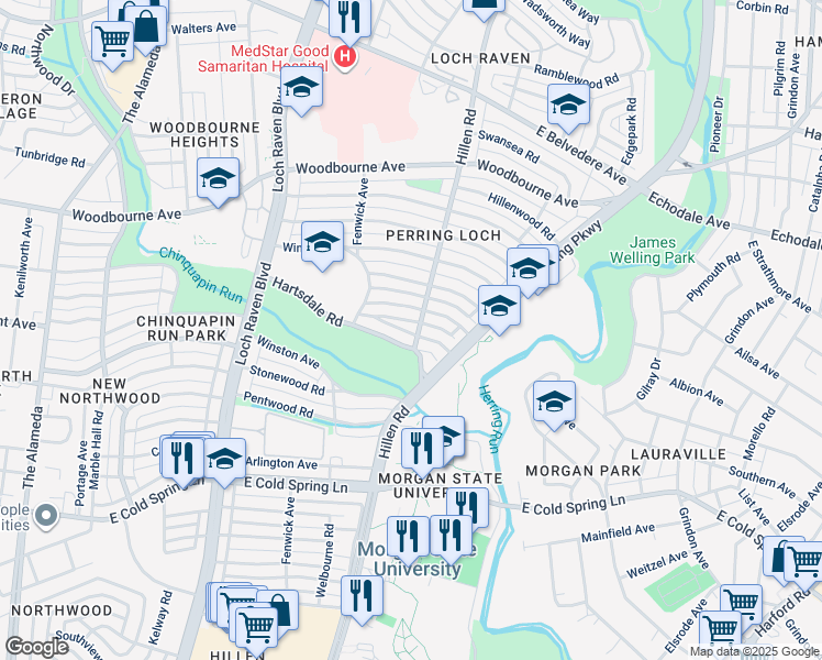 map of restaurants, bars, coffee shops, grocery stores, and more near 5102 Hillen Road in Baltimore