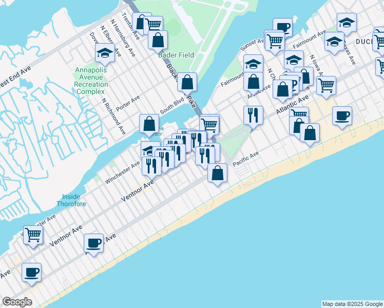 map of restaurants, bars, coffee shops, grocery stores, and more near 3817 Ventnor Avenue in Atlantic City