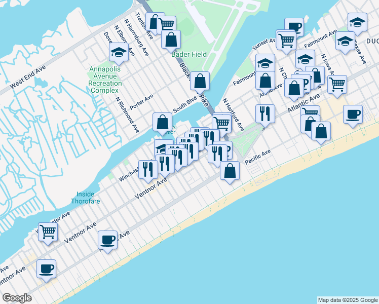 map of restaurants, bars, coffee shops, grocery stores, and more near 51 North Dover Avenue in Atlantic City