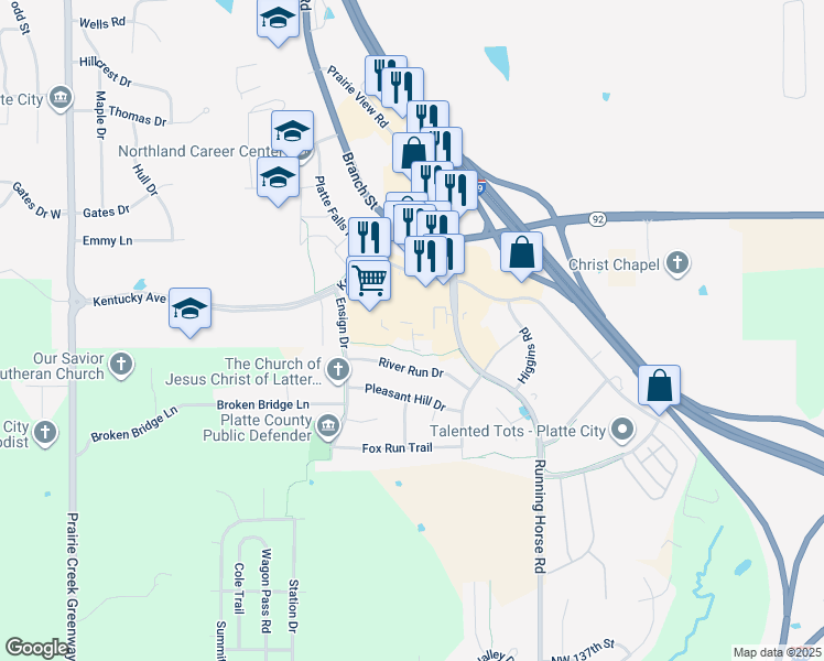 map of restaurants, bars, coffee shops, grocery stores, and more near 1303 Plaza Court in Platte City