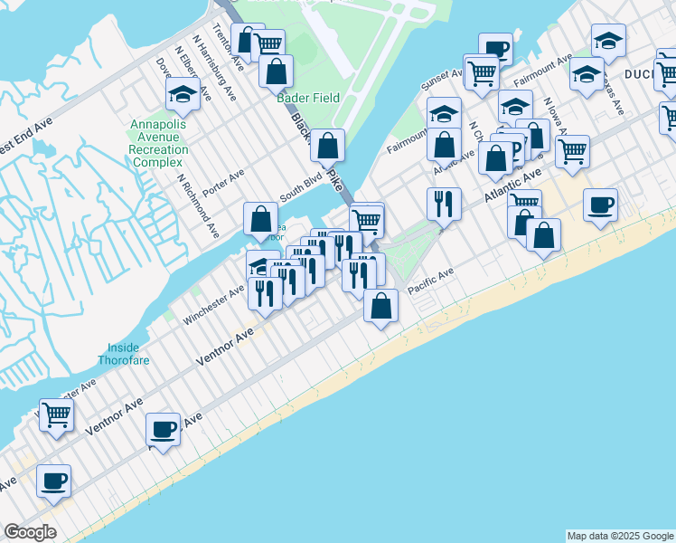 map of restaurants, bars, coffee shops, grocery stores, and more near 3817 Ventnor Avenue in Atlantic City