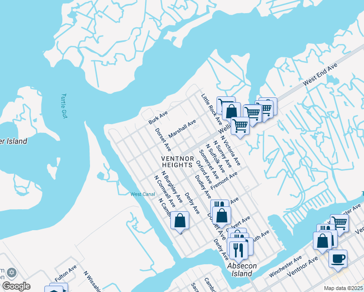 map of restaurants, bars, coffee shops, grocery stores, and more near 705 Dudley Avenue in Ventnor City