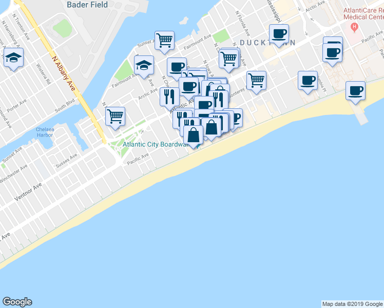 map of restaurants, bars, coffee shops, grocery stores, and more near 3076 Boardwalk in Atlantic City