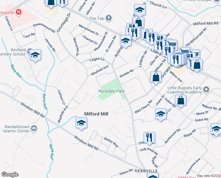map of restaurants, bars, coffee shops, grocery stores, and more near 8331 Mindale Circle in Milford Mill
