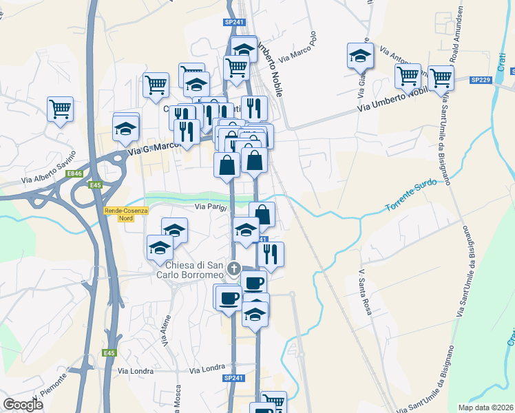 map of restaurants, bars, coffee shops, grocery stores, and more near 10B Via Giuseppe Verdi in Quattromiglia