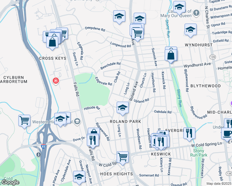 map of restaurants, bars, coffee shops, grocery stores, and more near 6 Upland Road in Baltimore