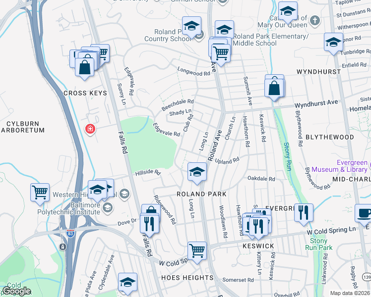 map of restaurants, bars, coffee shops, grocery stores, and more near 6 Upland Road in Baltimore