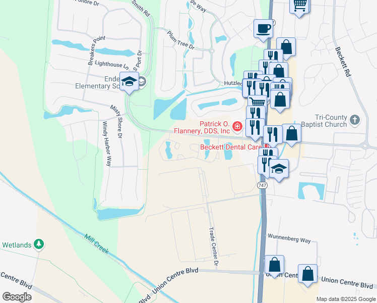 map of restaurants, bars, coffee shops, grocery stores, and more near 4637 Wyndtree Drive in Butler County