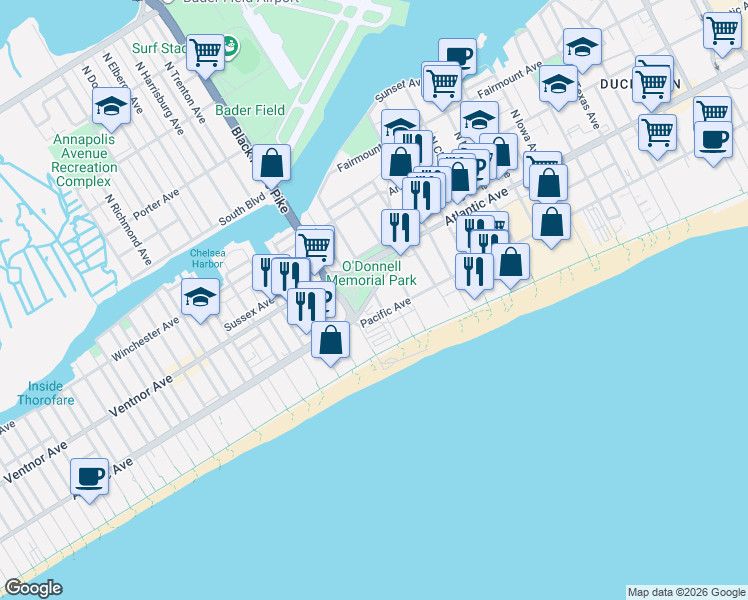 map of restaurants, bars, coffee shops, grocery stores, and more near in Atlantic City