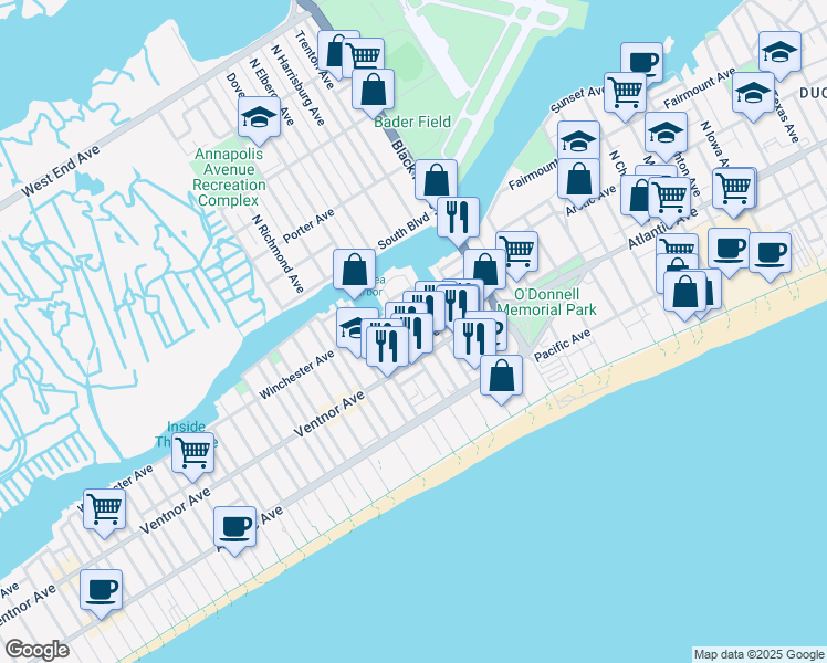 map of restaurants, bars, coffee shops, grocery stores, and more near 51 North Dover Avenue in Atlantic City