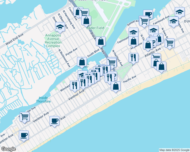 map of restaurants, bars, coffee shops, grocery stores, and more near 51 North Dover Avenue in Atlantic City