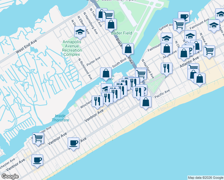 map of restaurants, bars, coffee shops, grocery stores, and more near 65 Chelsea Court in Atlantic City