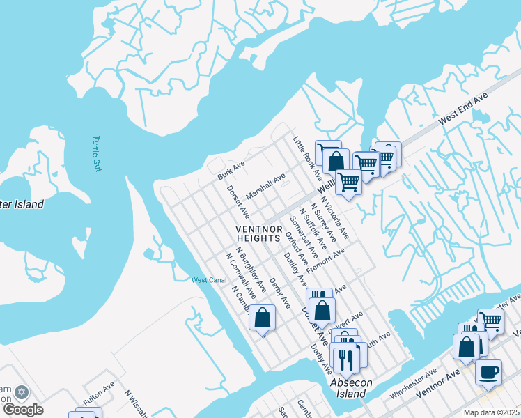 map of restaurants, bars, coffee shops, grocery stores, and more near 705-709 North Dudley Avenue in Ventnor City