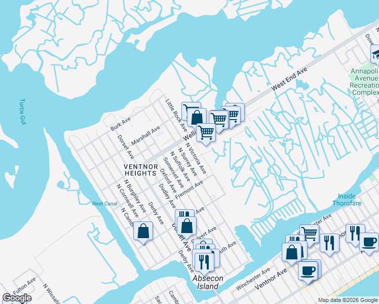 map of restaurants, bars, coffee shops, grocery stores, and more near 611 North Surrey Avenue in Ventnor City