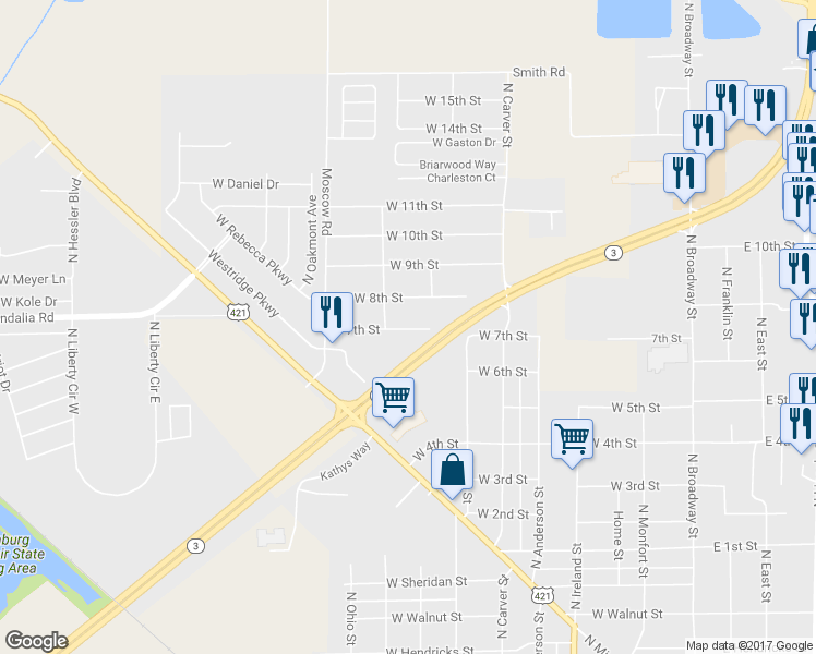 map of restaurants, bars, coffee shops, grocery stores, and more near 812 West 7th Street in Greensburg