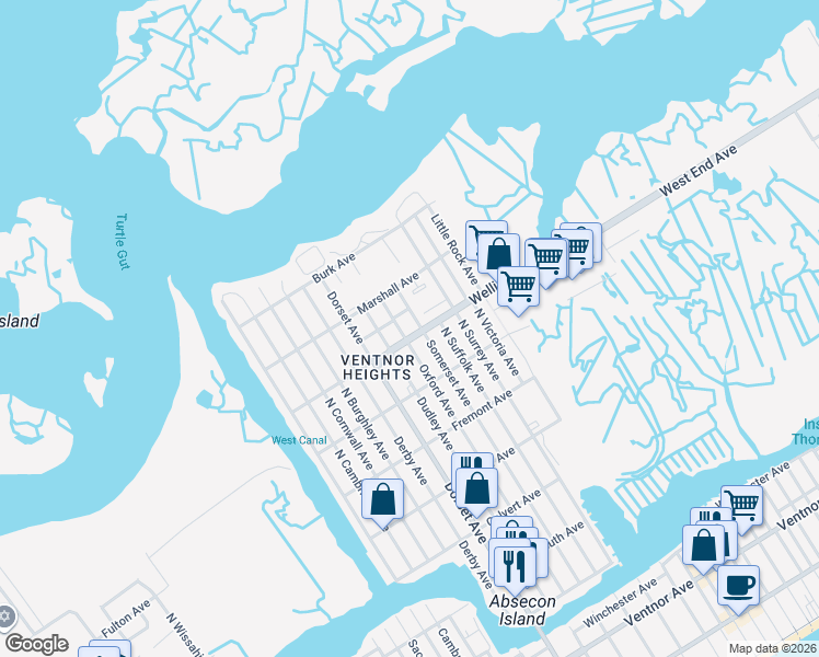 map of restaurants, bars, coffee shops, grocery stores, and more near 705 North Oxford Avenue in Ventnor City