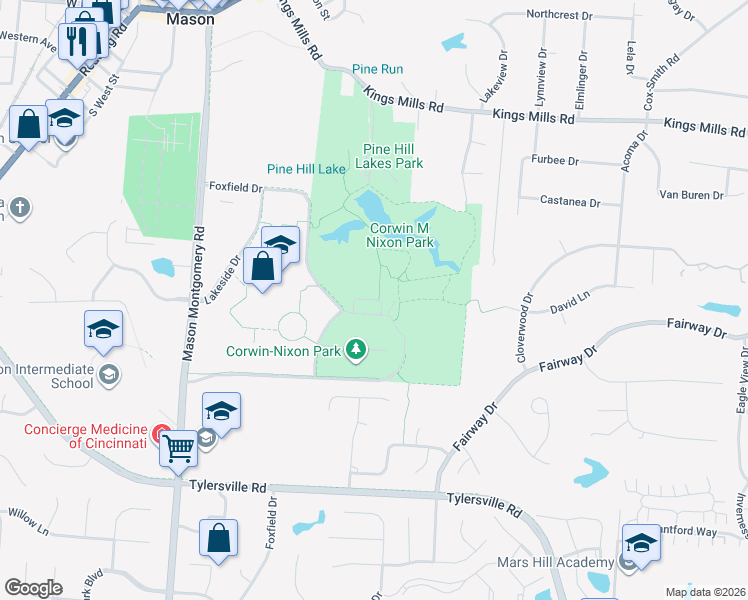 map of restaurants, bars, coffee shops, grocery stores, and more near Corwin Nixon Park Trail in Mason