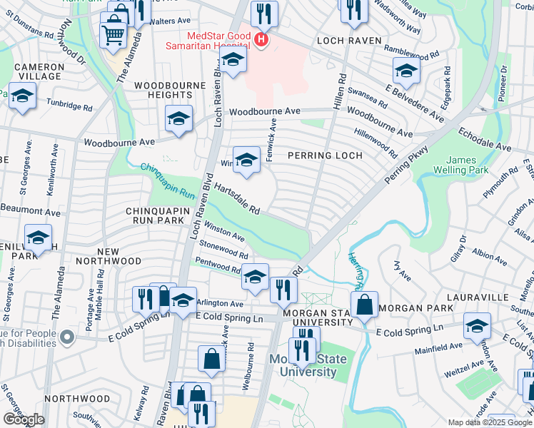 map of restaurants, bars, coffee shops, grocery stores, and more near 1601 Hartsdale Road in Baltimore