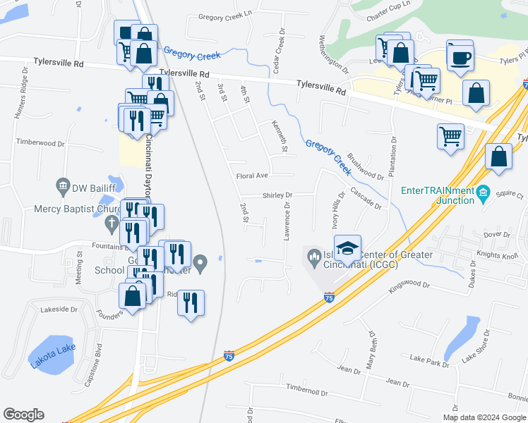 map of restaurants, bars, coffee shops, grocery stores, and more near 8054 Bertwood Court in Butler County