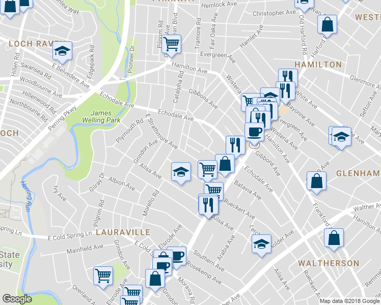 map of restaurants, bars, coffee shops, grocery stores, and more near 2704 East Strathmore Avenue in Baltimore