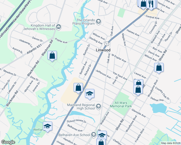 map of restaurants, bars, coffee shops, grocery stores, and more near 1009 New Road in Linwood