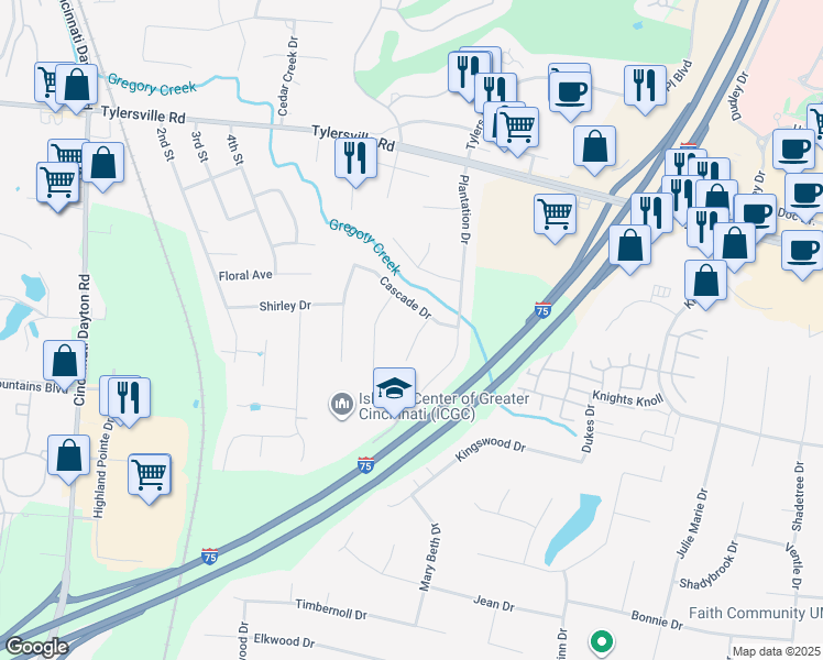 map of restaurants, bars, coffee shops, grocery stores, and more near 8017 Saint Matthew Drive in Butler County