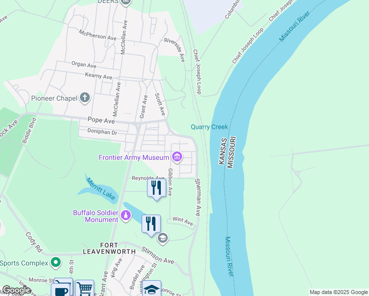 map of restaurants, bars, coffee shops, grocery stores, and more near 10 Meade Avenue in Fort Leavenworth