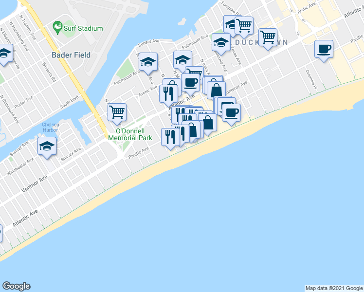 map of restaurants, bars, coffee shops, grocery stores, and more near 3117 Boardwalk in Atlantic City