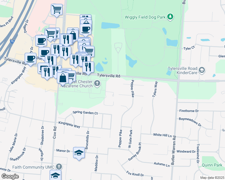 map of restaurants, bars, coffee shops, grocery stores, and more near 8073 Tylersville Road in Butler County