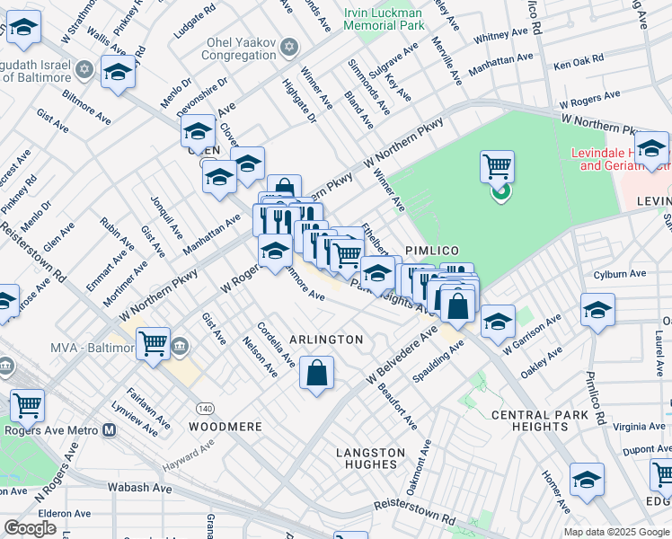 map of restaurants, bars, coffee shops, grocery stores, and more near 5409 Park Heights Avenue in Baltimore
