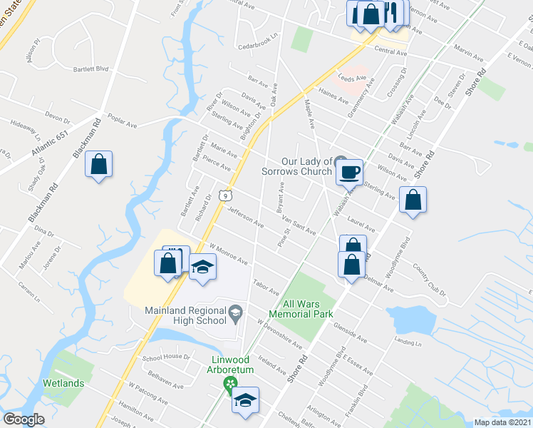 map of restaurants, bars, coffee shops, grocery stores, and more near 331 Van Sant Avenue in Linwood