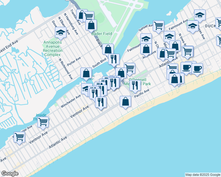 map of restaurants, bars, coffee shops, grocery stores, and more near 3817 Ventnor Avenue in Atlantic City