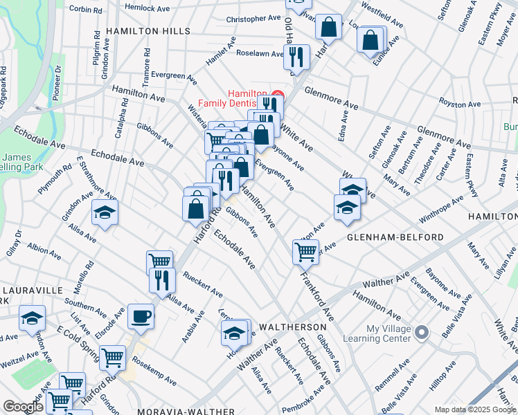 map of restaurants, bars, coffee shops, grocery stores, and more near 3039 Hamilton Avenue in Baltimore