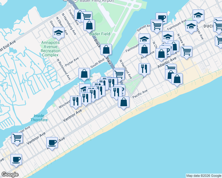 map of restaurants, bars, coffee shops, grocery stores, and more near 3817 Ventnor Avenue in Atlantic City