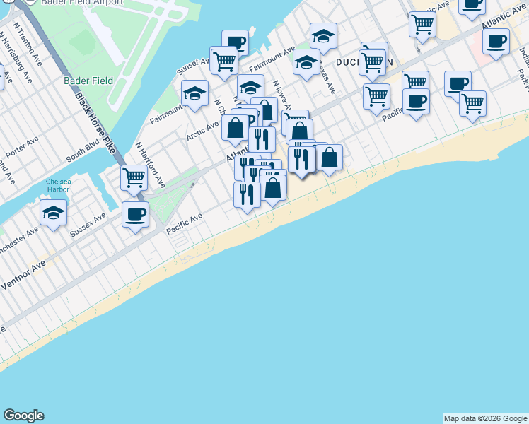map of restaurants, bars, coffee shops, grocery stores, and more near 3117 Boardwalk in Atlantic City