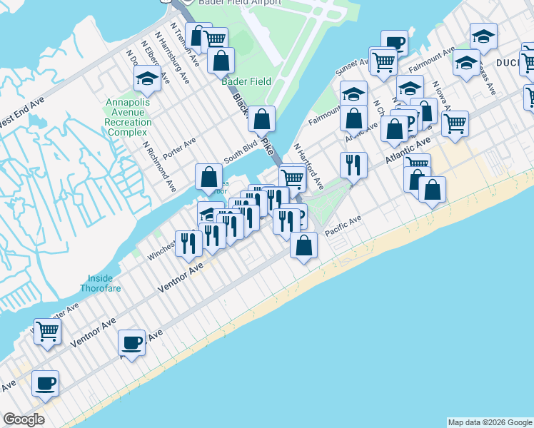 map of restaurants, bars, coffee shops, grocery stores, and more near 3817 Ventnor Avenue in Atlantic City
