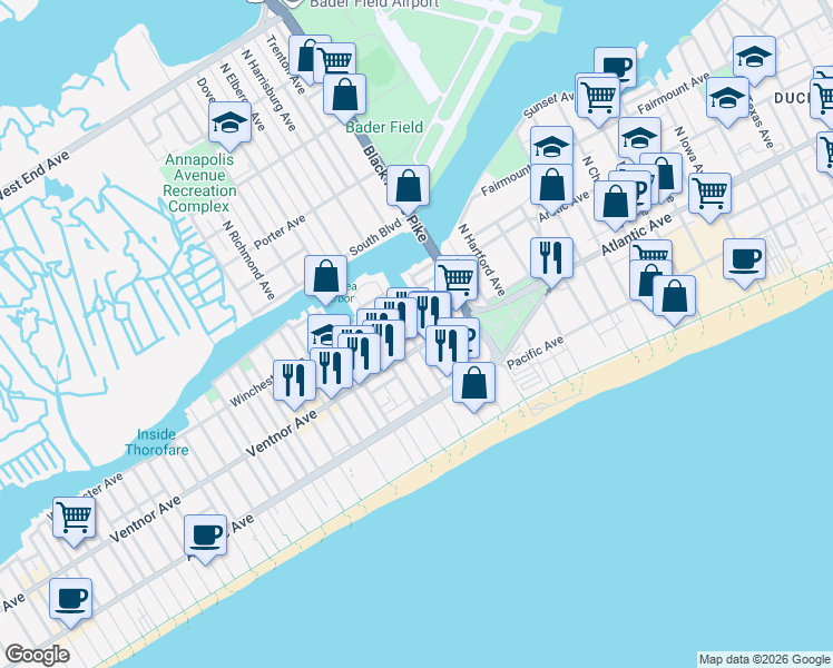 map of restaurants, bars, coffee shops, grocery stores, and more near 3817 Ventnor Avenue in Atlantic City