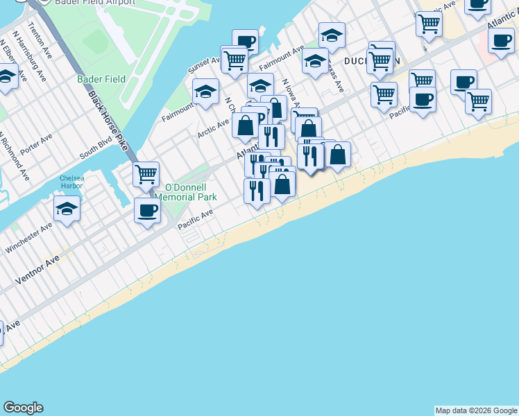 map of restaurants, bars, coffee shops, grocery stores, and more near 108 South Montpelier Avenue in Atlantic City