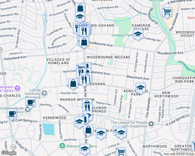 map of restaurants, bars, coffee shops, grocery stores, and more near 546 Chateau Avenue in Baltimore
